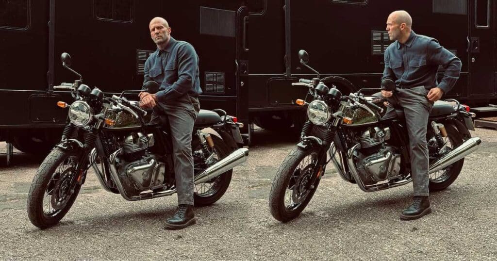 Jason Statham with a Royal Enfield Continental GT 650